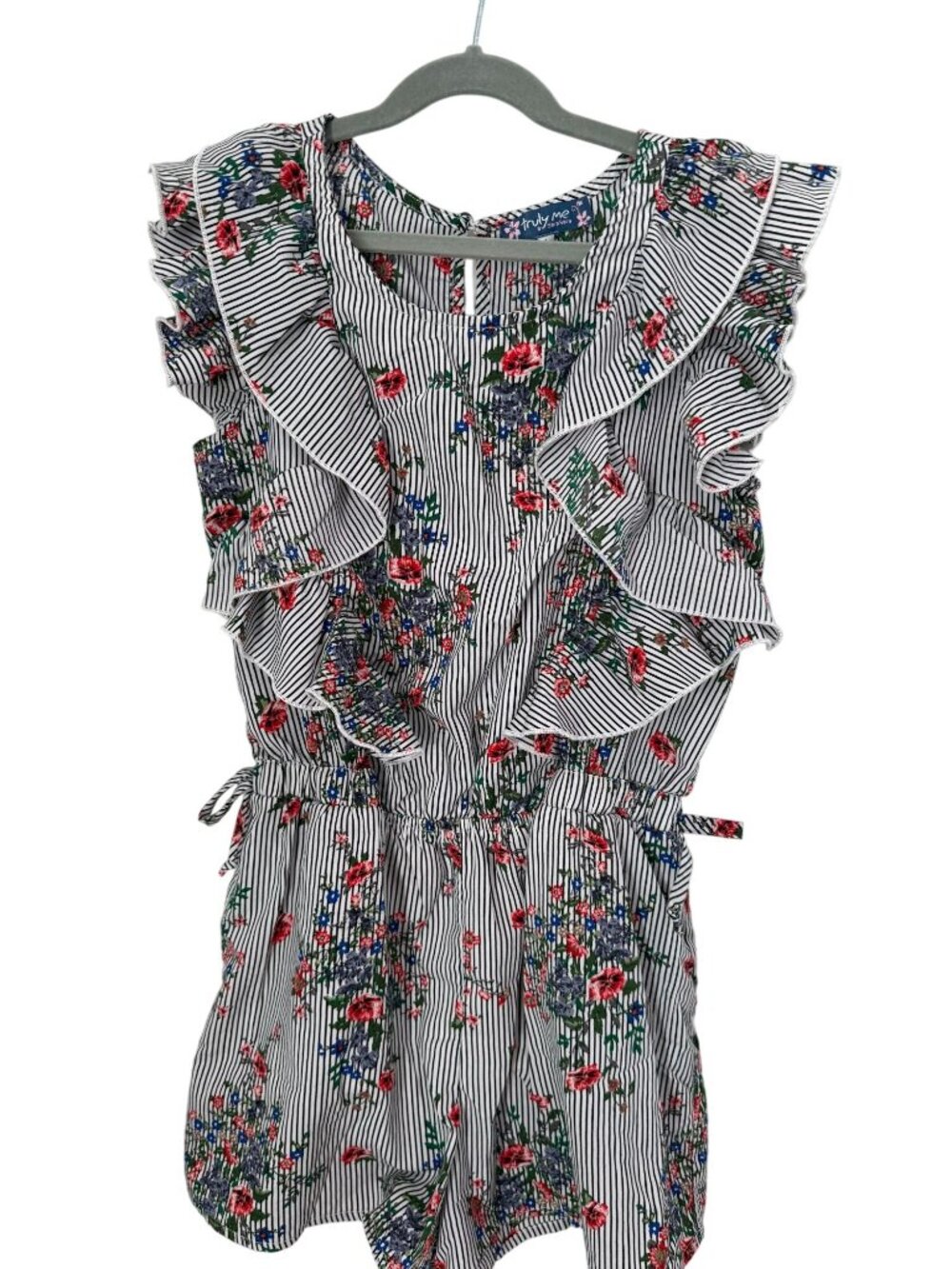 Truly Me by Sara Sara Girls Floral Striped Romper Large L Black White Lined